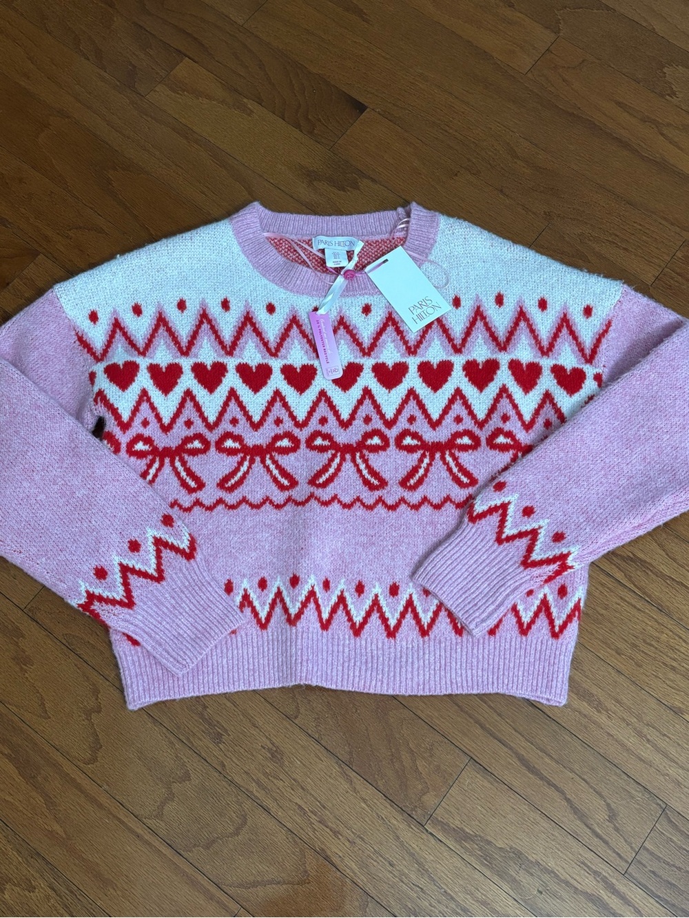 Paris Hilton Pink Heart Bows Long Sleeve Women's Sweater size Small New - Picture 2 of 7